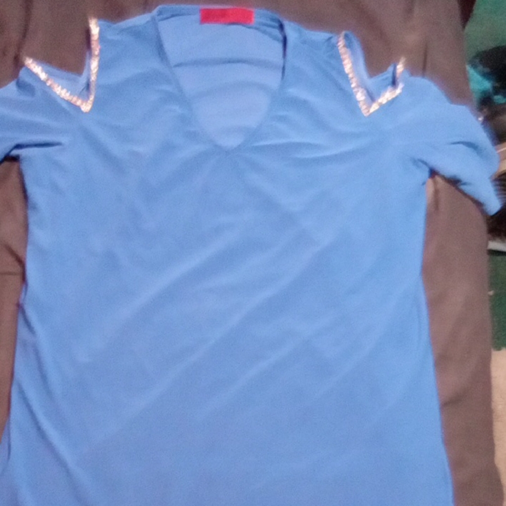 Blue Women's Top with Embellished Shoulders
